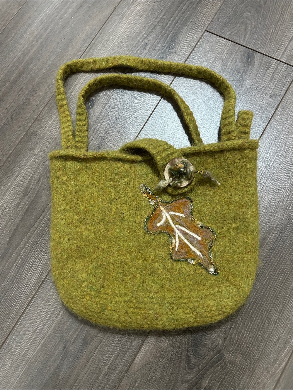 Handcrafted Olive Green Felt Tote Bag with Leaf Appliqué